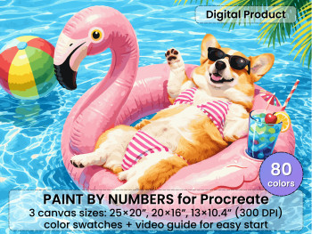Corgi Flamingo Pool Float Paint by Number for Procreate (Digital Download)
