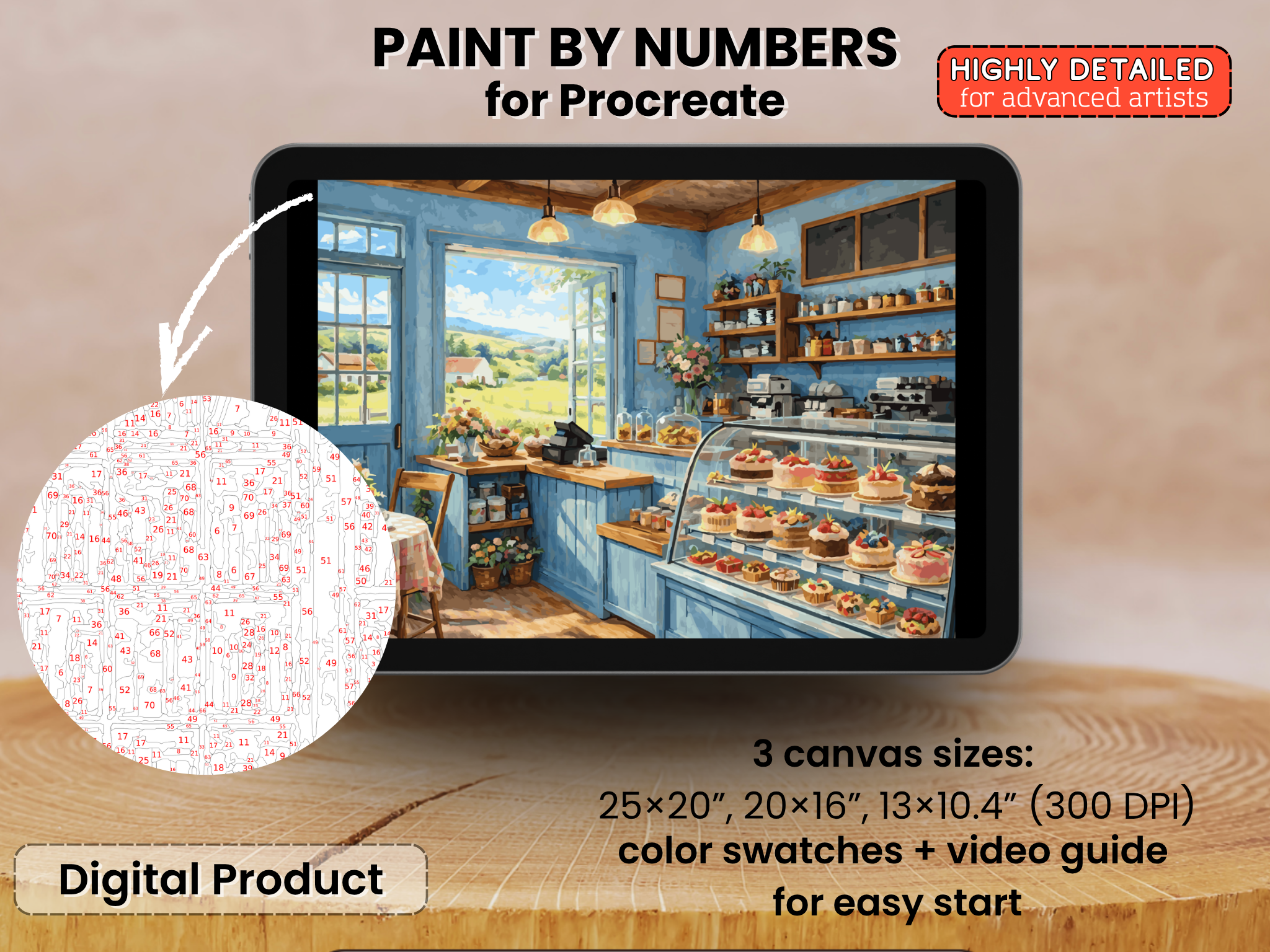 Cozy Bakery Interior Paint by Number – Charming Cafe Scene, Desserts (Digital Download)