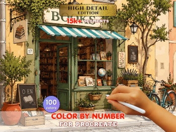 适用于Procreate的温馨书店数字填色 – 迷人的欧洲店面 | 数字下载