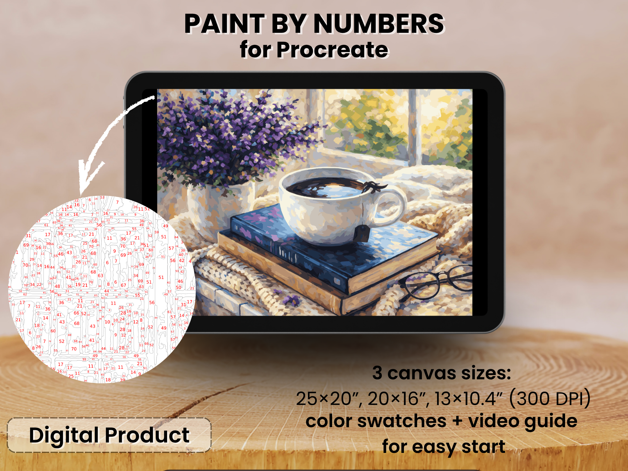 Cozy Coffee Book Paint by Number pro Procreate – Čtenářský koutek (Digitální stažení)