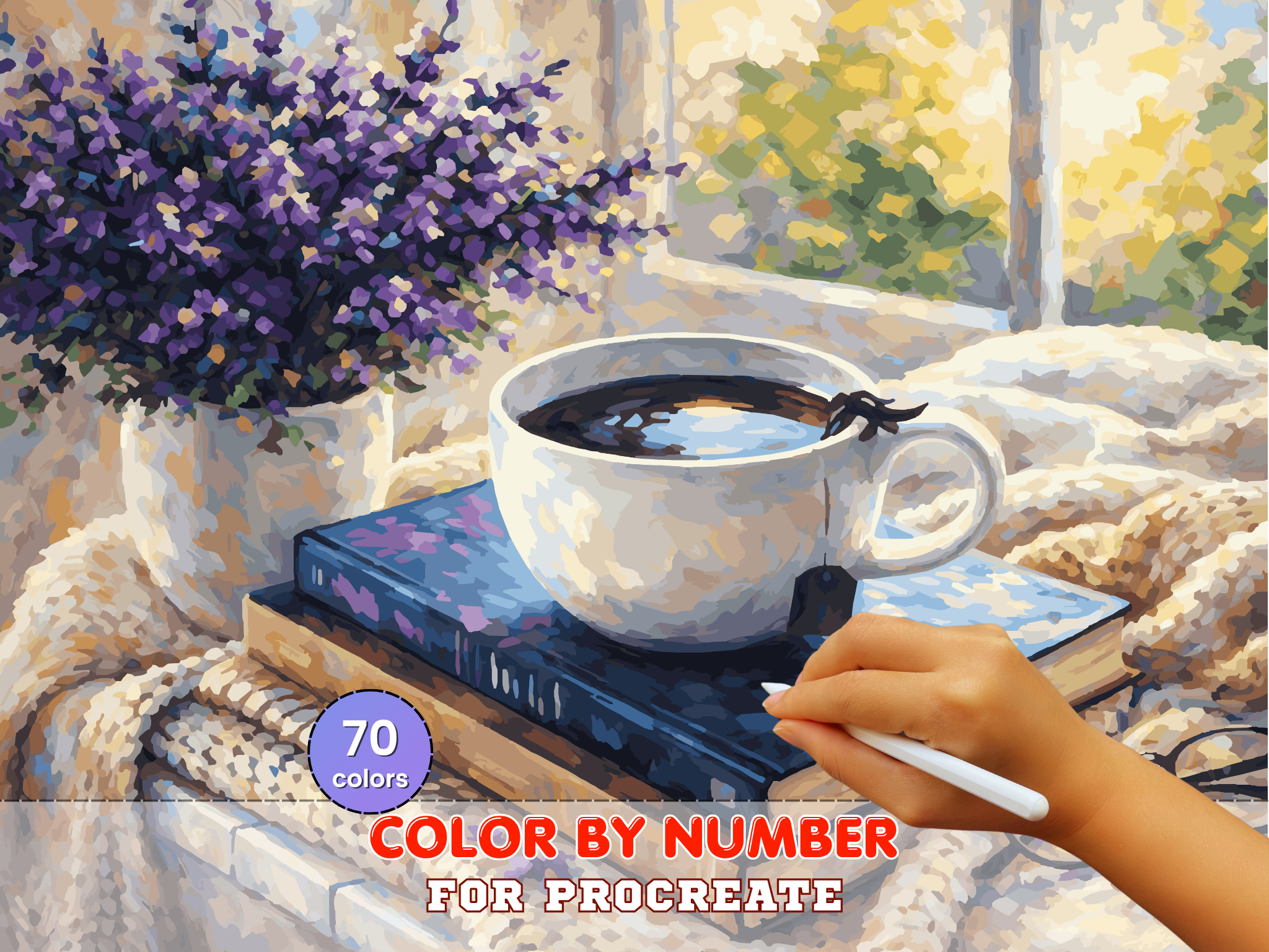 Cozy Coffee Book Paint by Number pro Procreate – Čtenářský koutek (Digitální stažení)