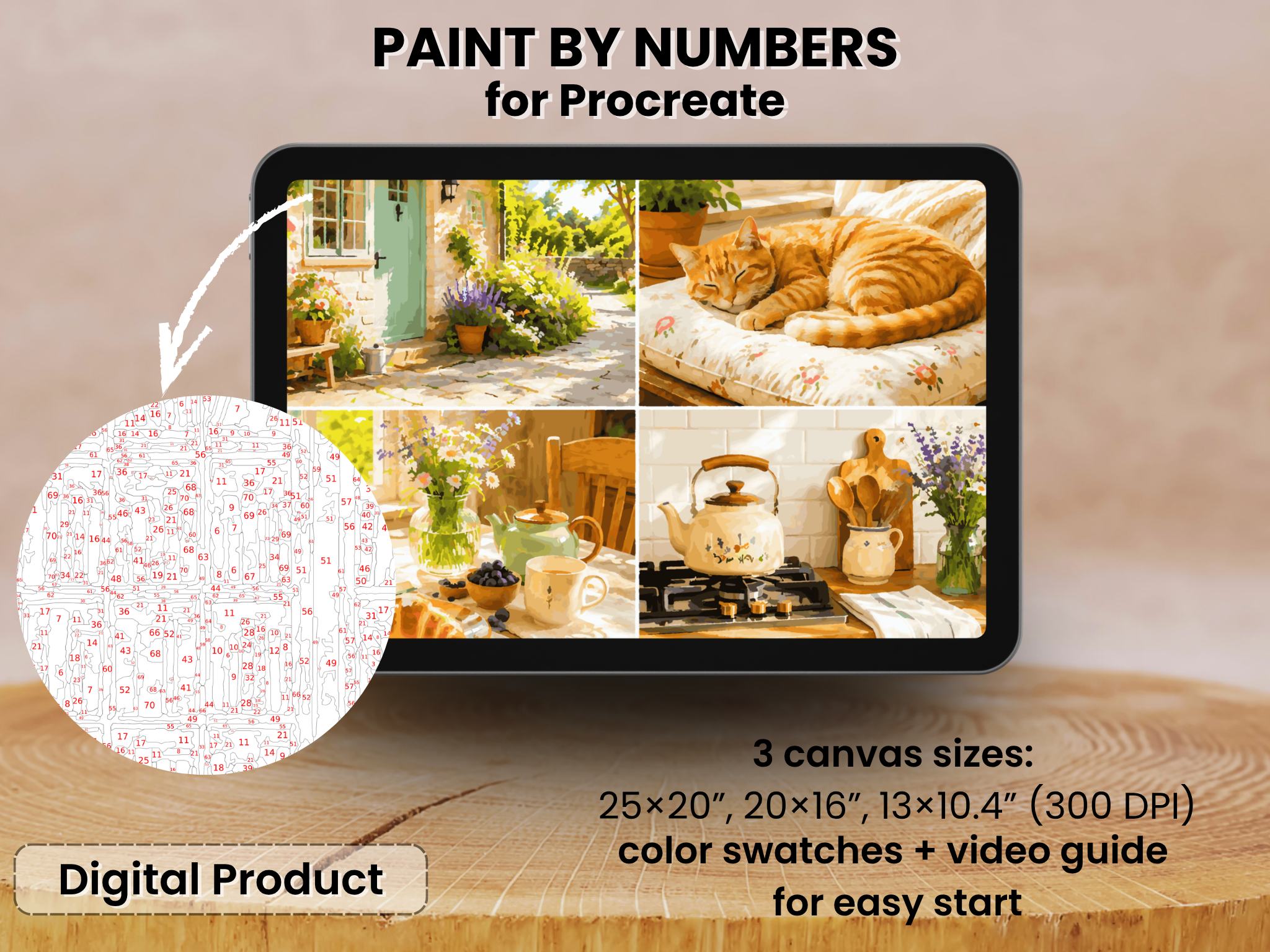 Cozy Cottage Paint by Number for Procreate – Cat, Tea, Garden (Digital Download)
