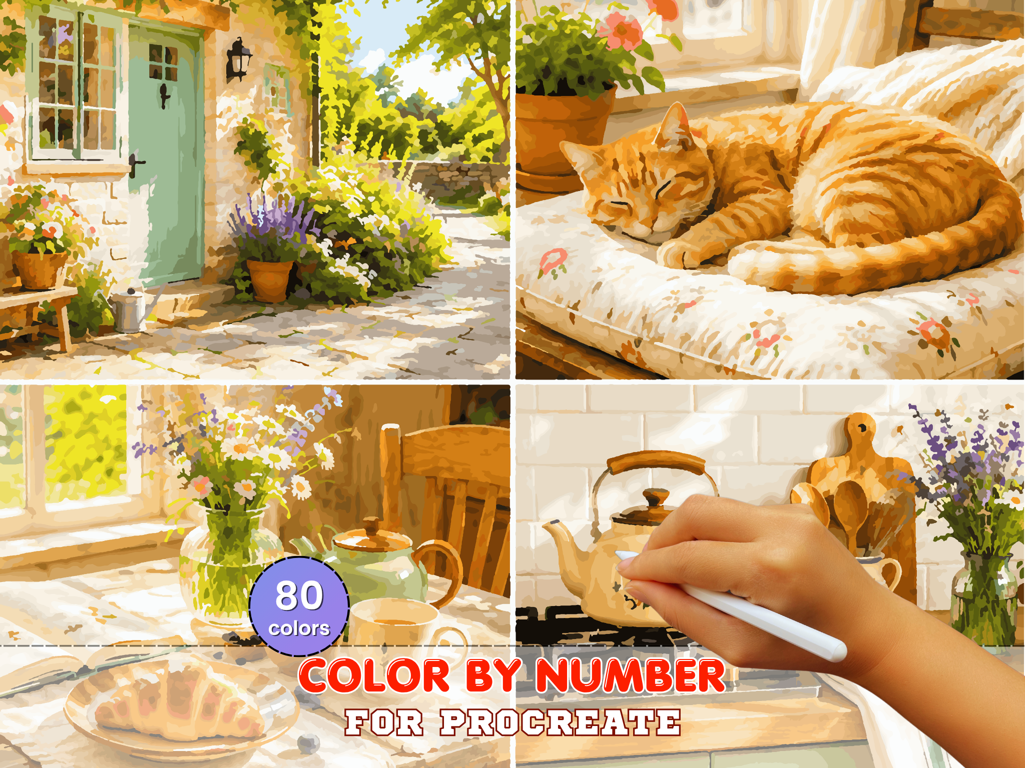 Cozy Cottage Paint by Number for Procreate – Cat, Tea, Garden (Digital Download)