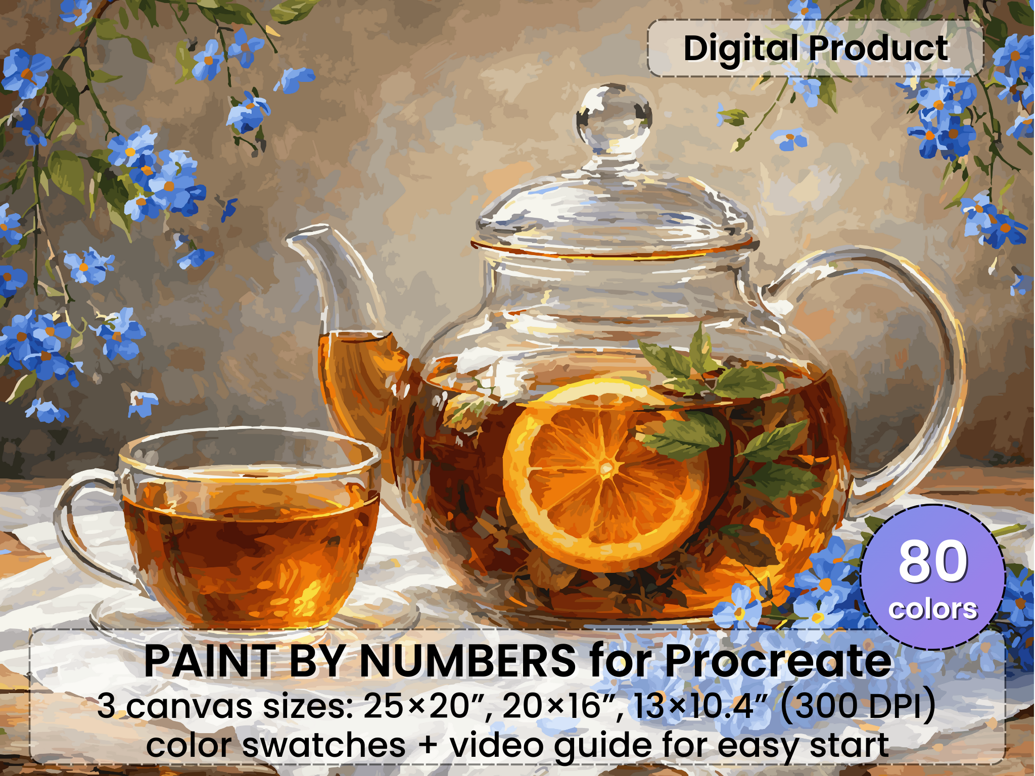 Cozy Herbal Tea Paint by Number for Procreate – Floral Still Life | Digital Download