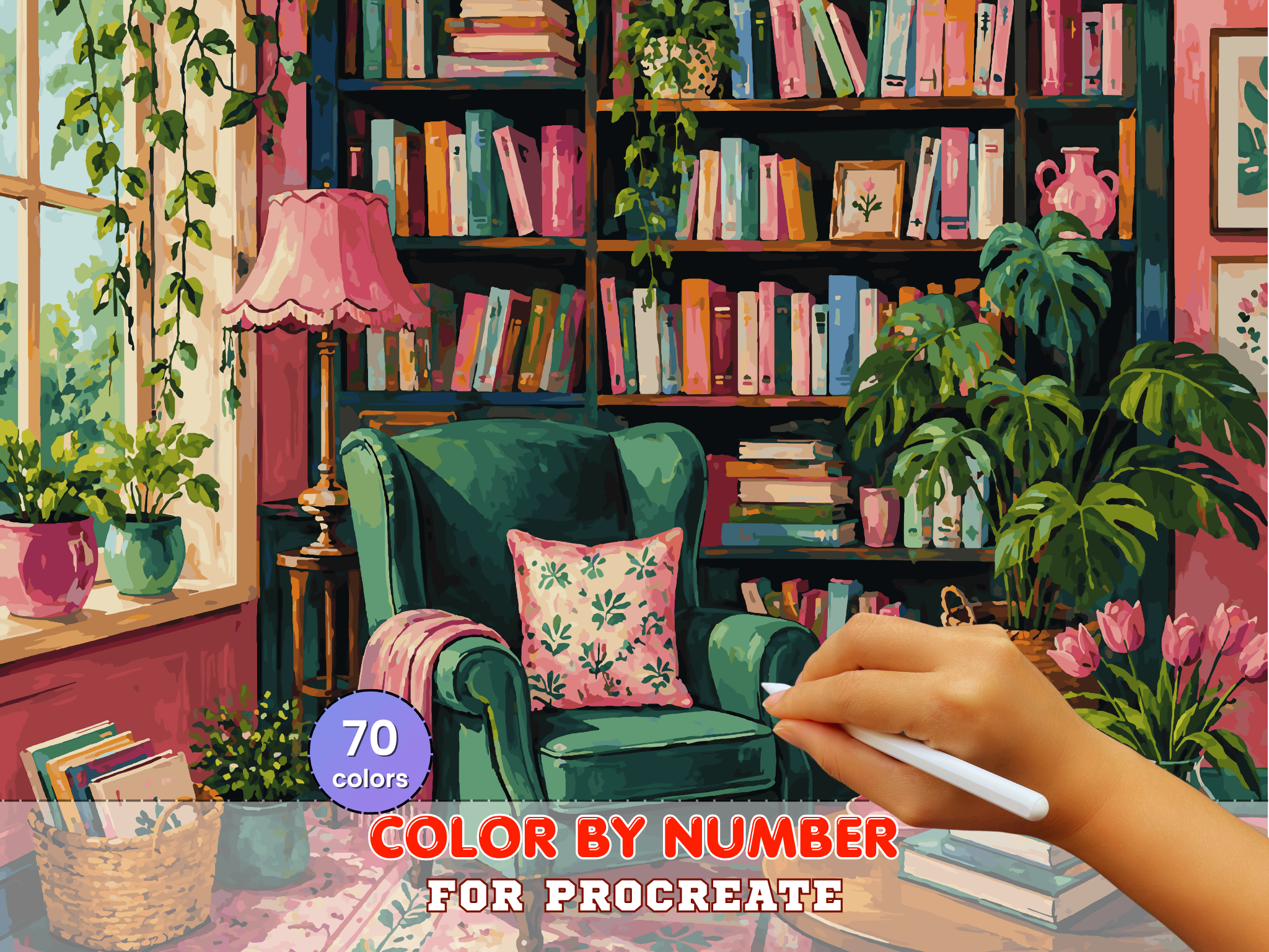 Cozy Reading Nook Paint by Number for Procreate – Home Library Interior | Digital Download