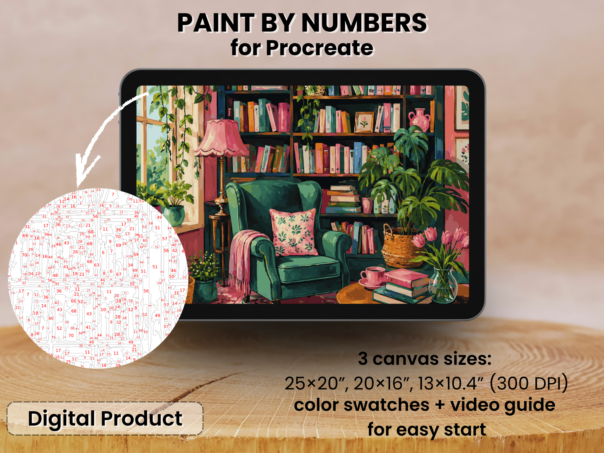 Cozy Reading Nook Paint by Number for Procreate – Home Library Interior | Digital Download