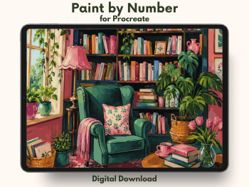 Cozy Reading Nook Paint by Number for Procreate – Home Library Interior | Digital Download