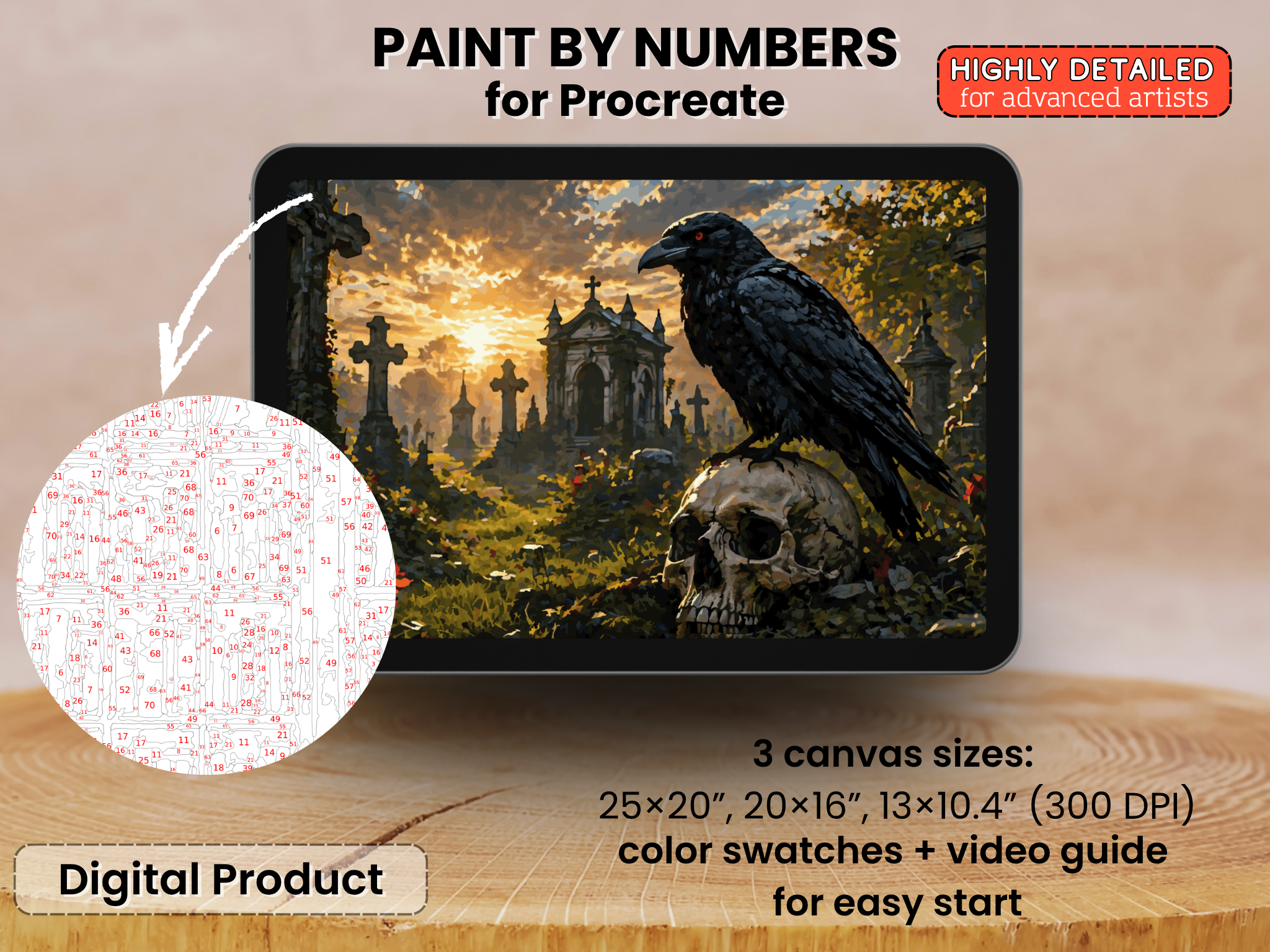 Dark Raven Hřbitovní Malování podle čísel pro Procreate – Gotická scéna hřbitova s lebkou | Digitální ke stažení