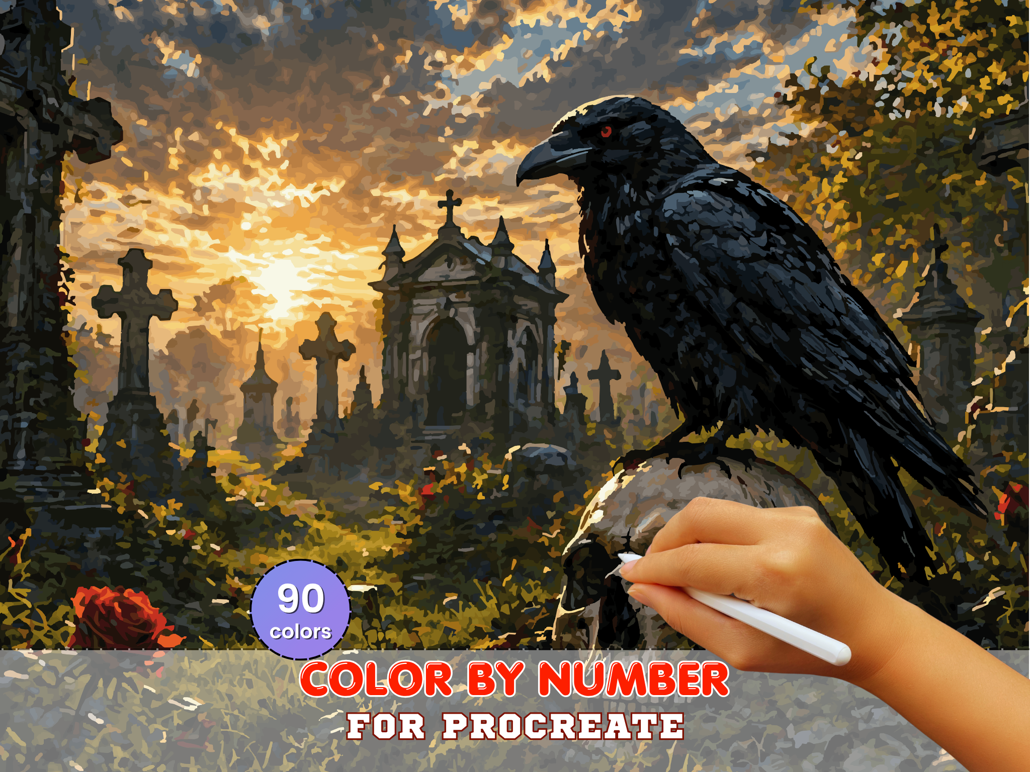 Dark Raven Hřbitovní Malování podle čísel pro Procreate – Gotická scéna hřbitova s lebkou | Digitální ke stažení