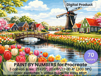 Dutch Tulip Landscape Paint by Number for Procreate – Windmill Spring Village | Digital Download