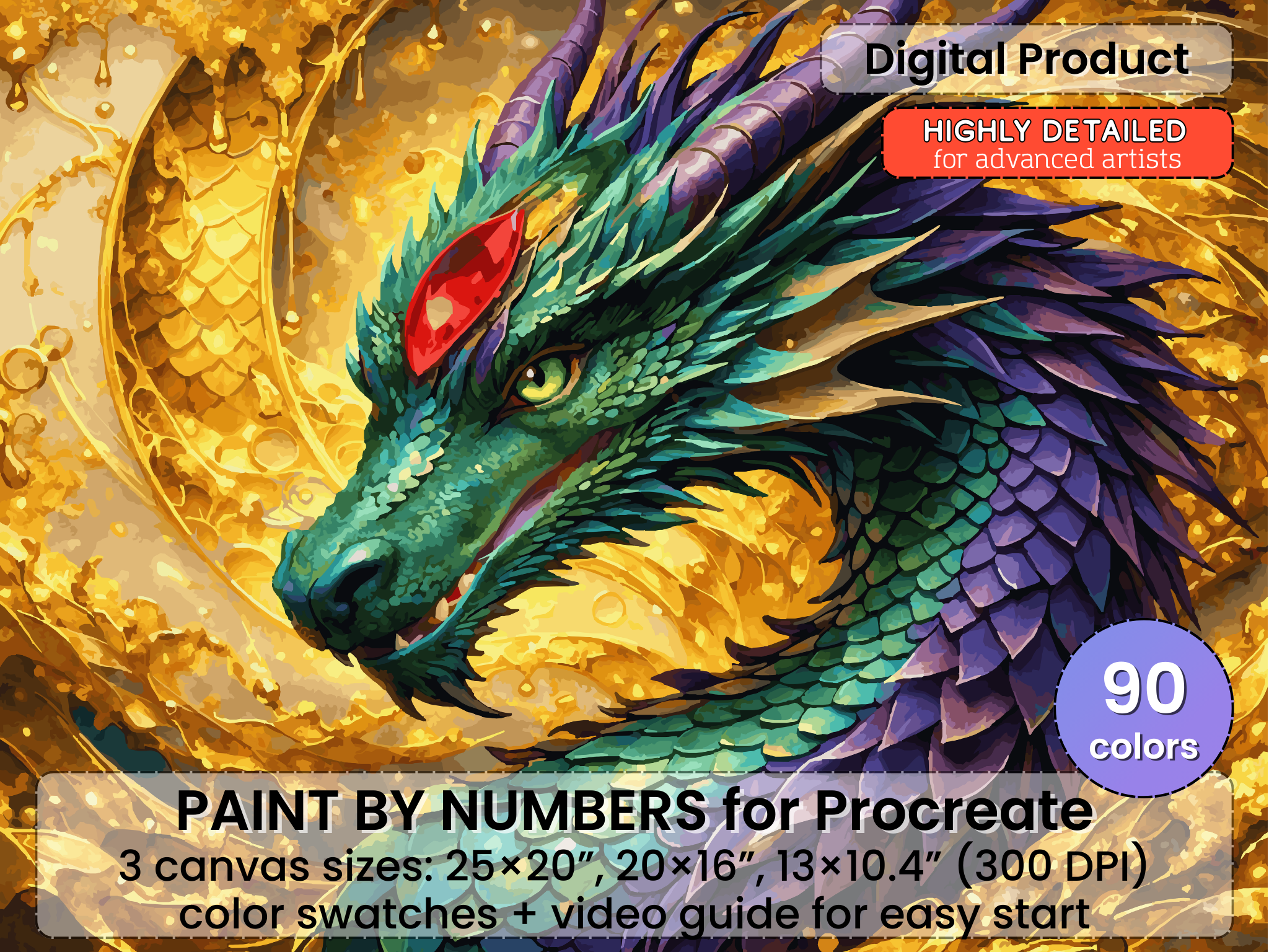 Smaragdový drak s rubínovou korunou Obraz podle čísel pro Procreate – Fantasy Art | Digitální ke stažení