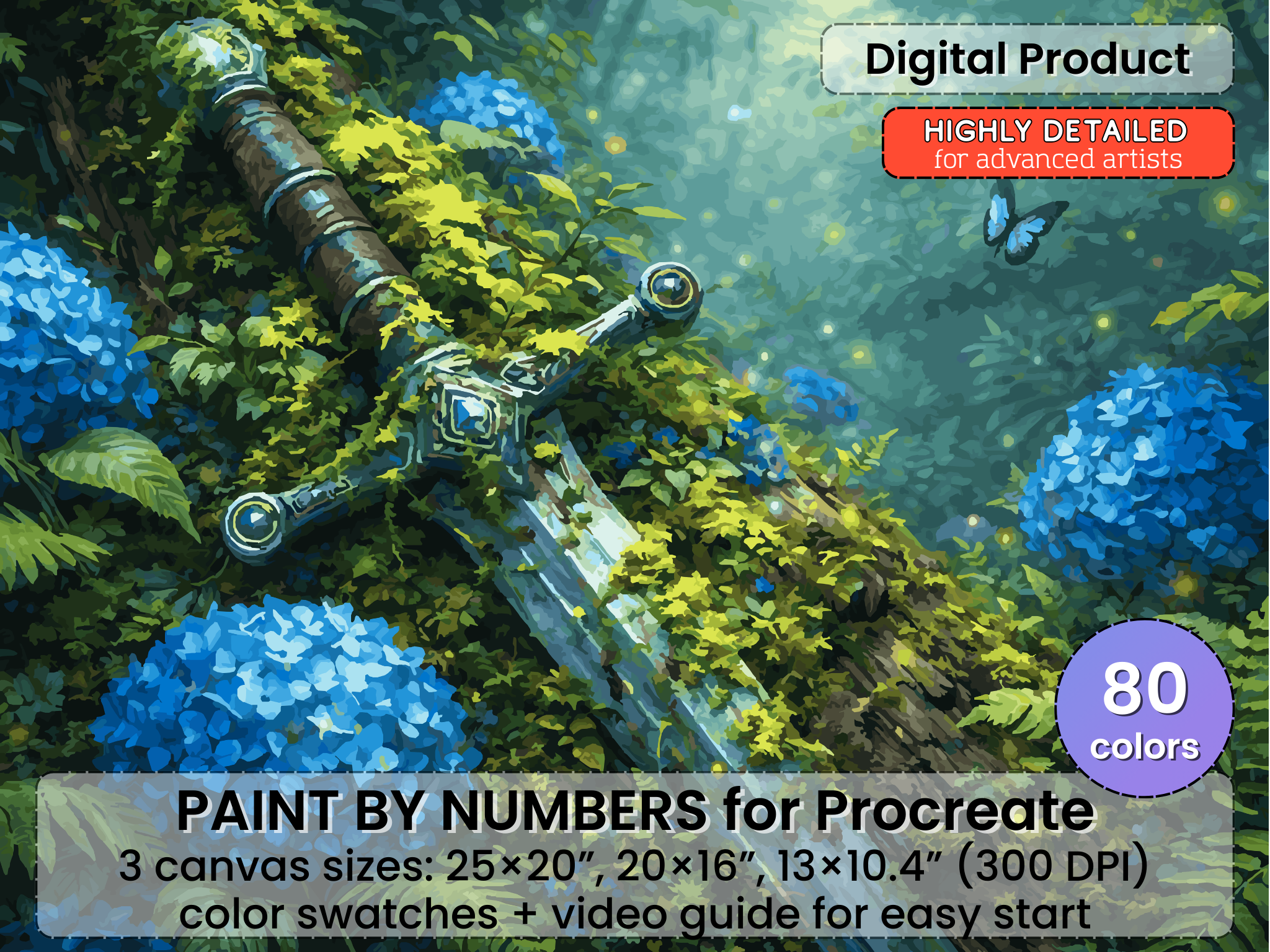 Enchanted Forest Sword Paint by Number for Procreate – Fantasy Moss Art | Digital Download
