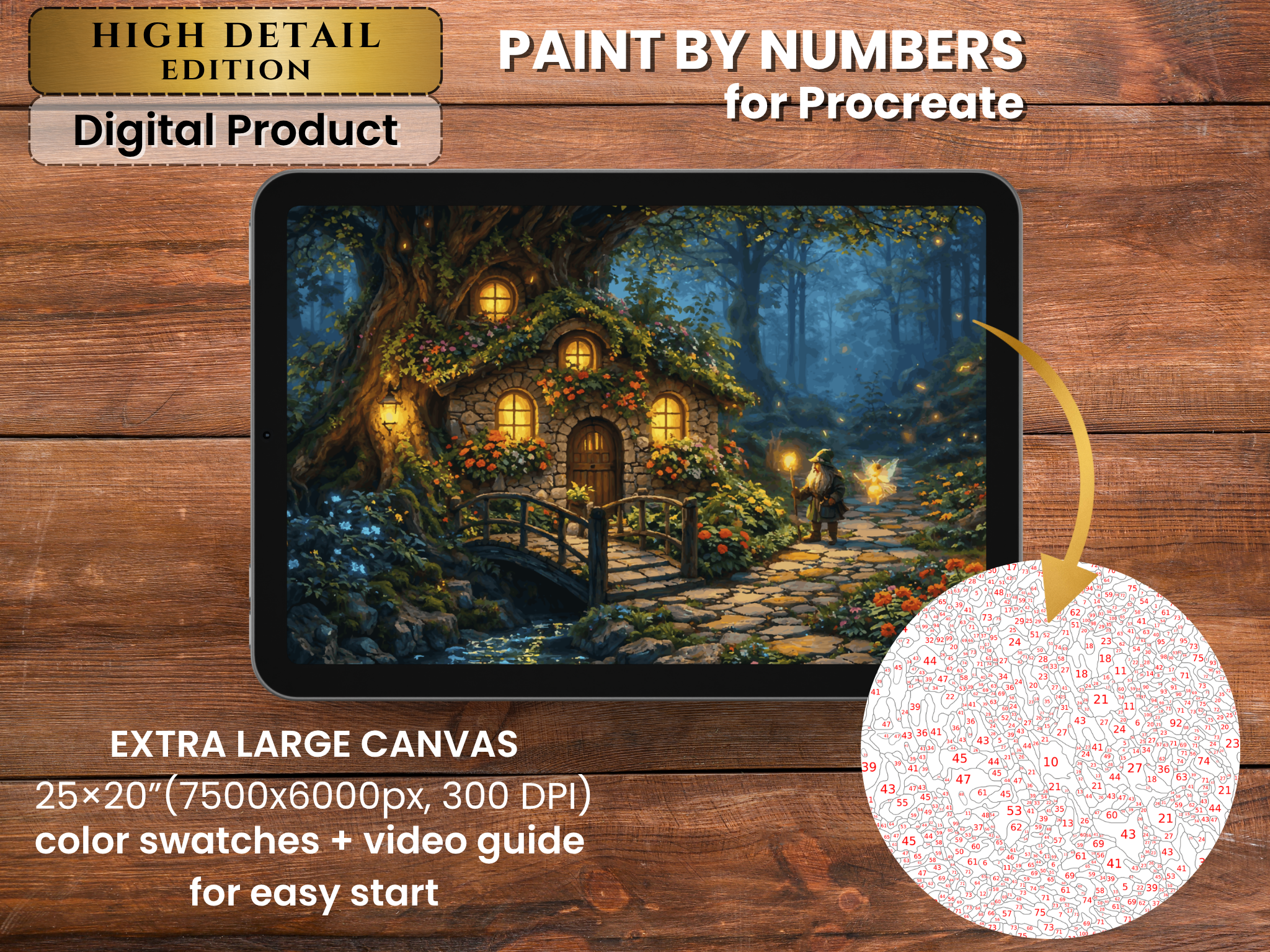 Enchanted Tree Cottage Paint by Number – Fairy Forest Procreate Digital Download
