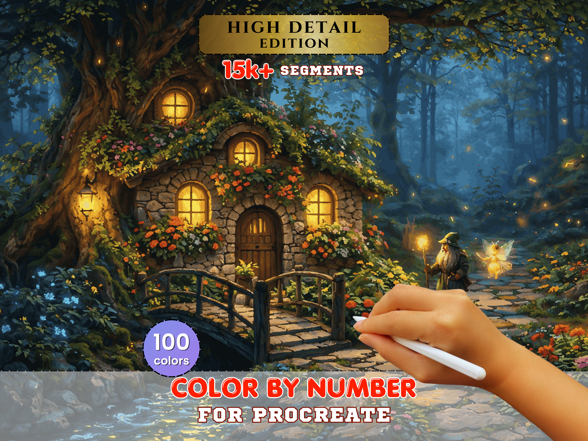 Enchanted Tree Cottage Paint by Number – Fairy Forest Procreate Digital Download