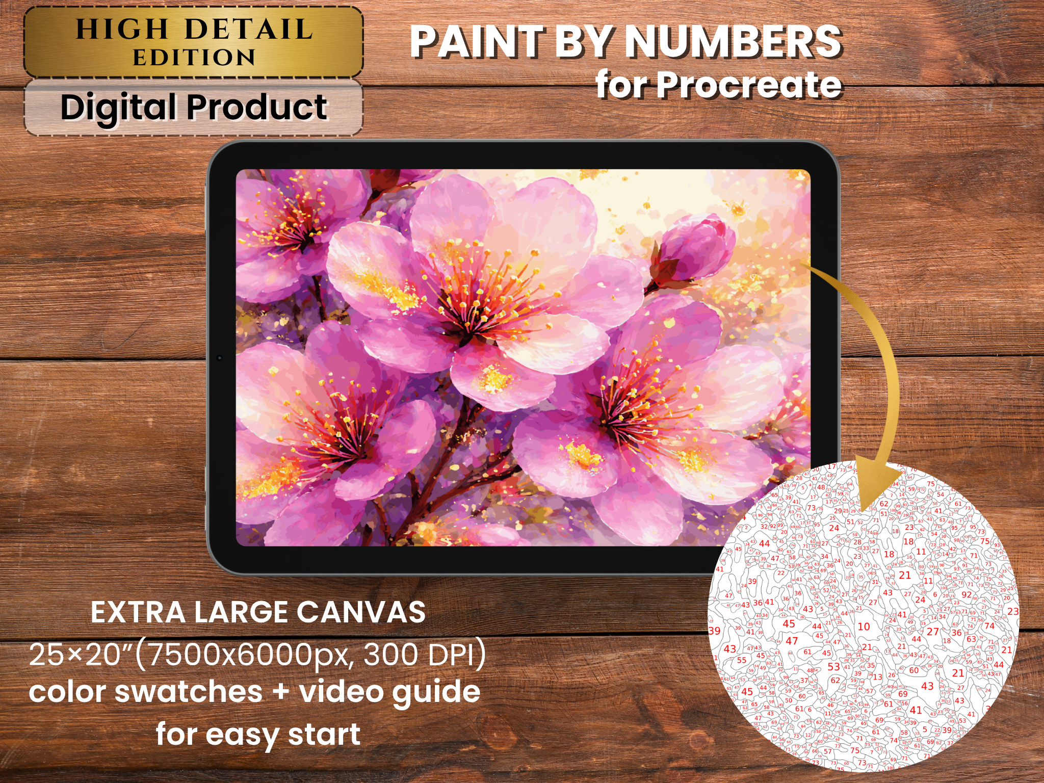 Flower Coloring Page for Procreate, Digital Paint by Number, Pink Blossoms, 100 Colors