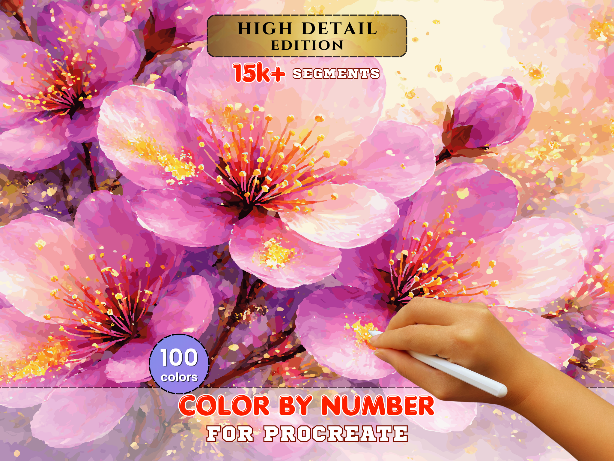 Flower Coloring Page for Procreate, Digital Paint by Number, Pink Blossoms, 100 Colors
