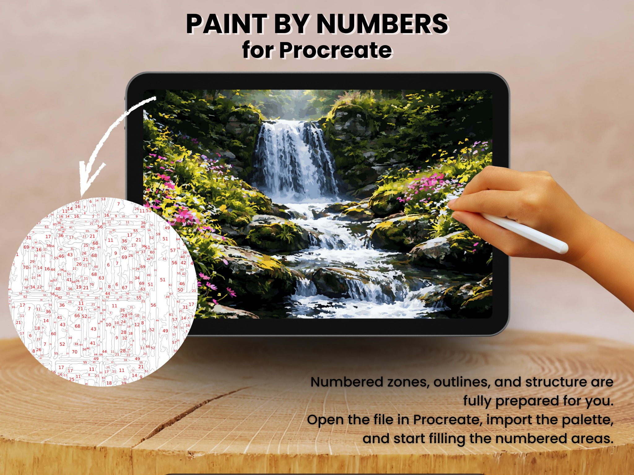 Forest Waterfall Paint by Number for Procreate, Botanical Landscape (Digital Download)