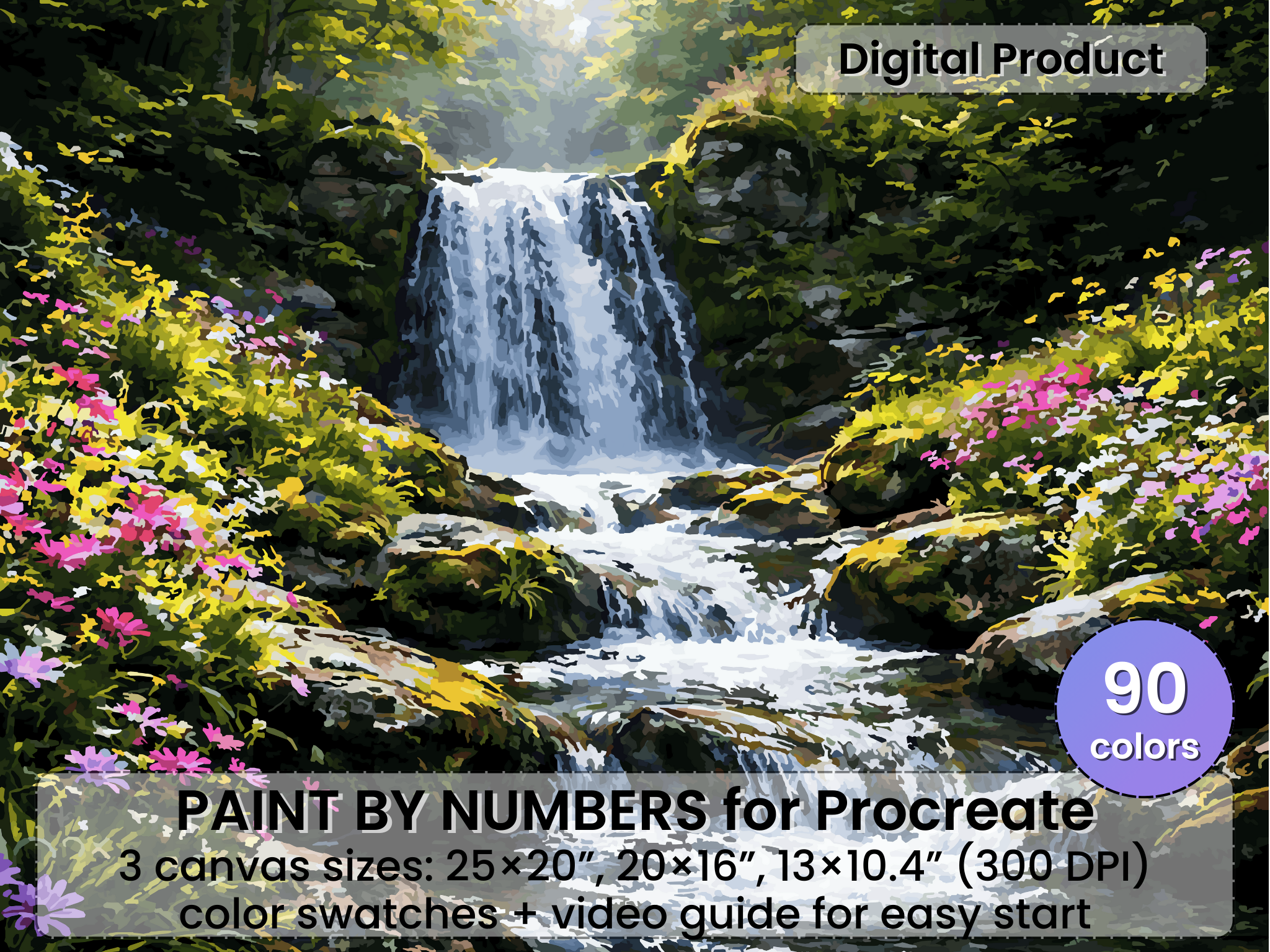 Forest Waterfall Paint by Number for Procreate, Botanical Landscape (Digital Download)