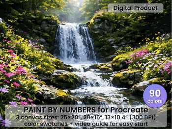Forest Waterfall Paint by Number for Procreate, Botanical Landscape (Digital Download)