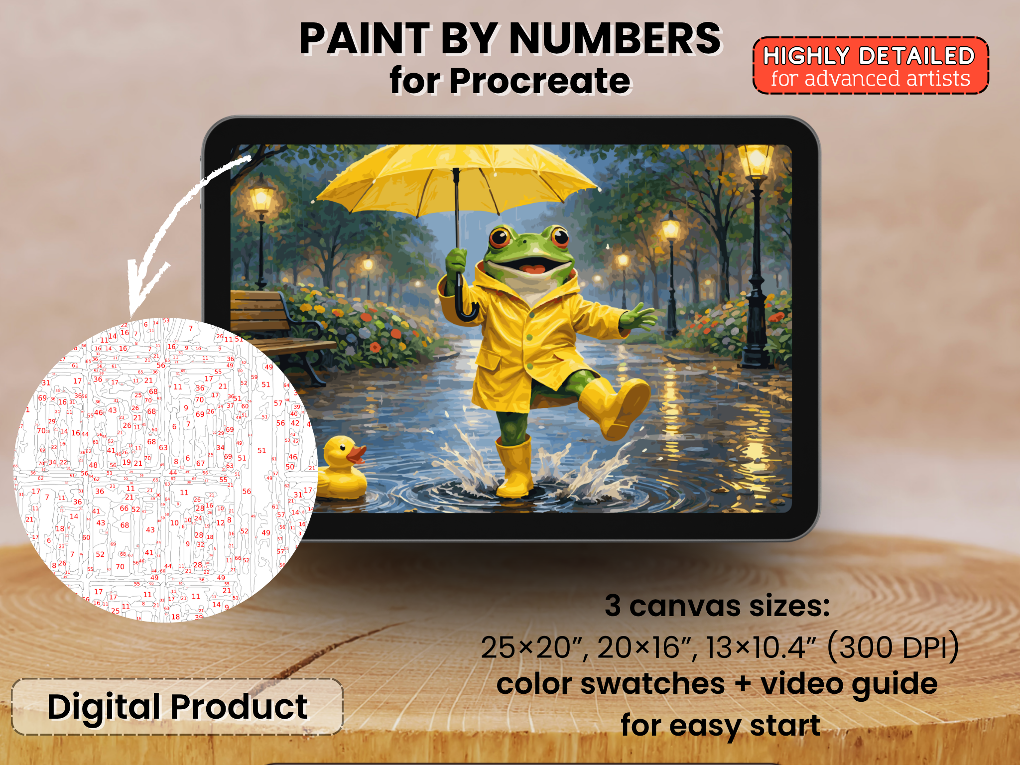 Frog in Rain Paint by Number for Procreate – Whimsical Animal Scene (Digital Download)