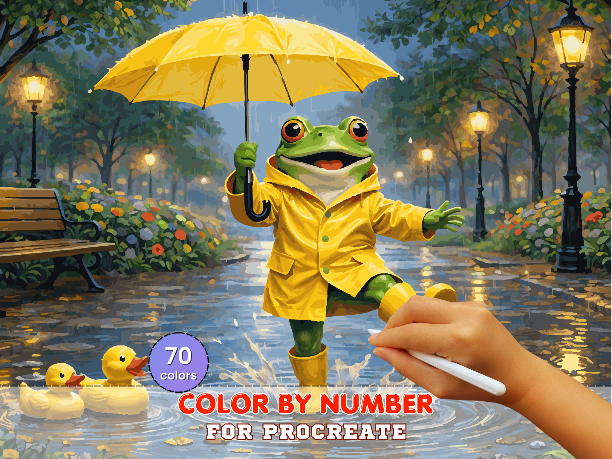 Frog in Rain Paint by Number for Procreate – Whimsical Animal Scene (Digital Download)