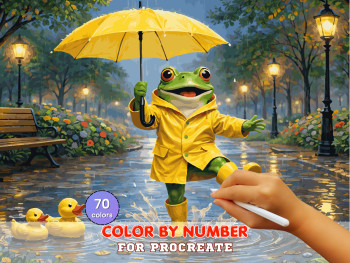 Frog in Rain Paint by Number for Procreate – Whimsical Animal Scene (Digital Download)