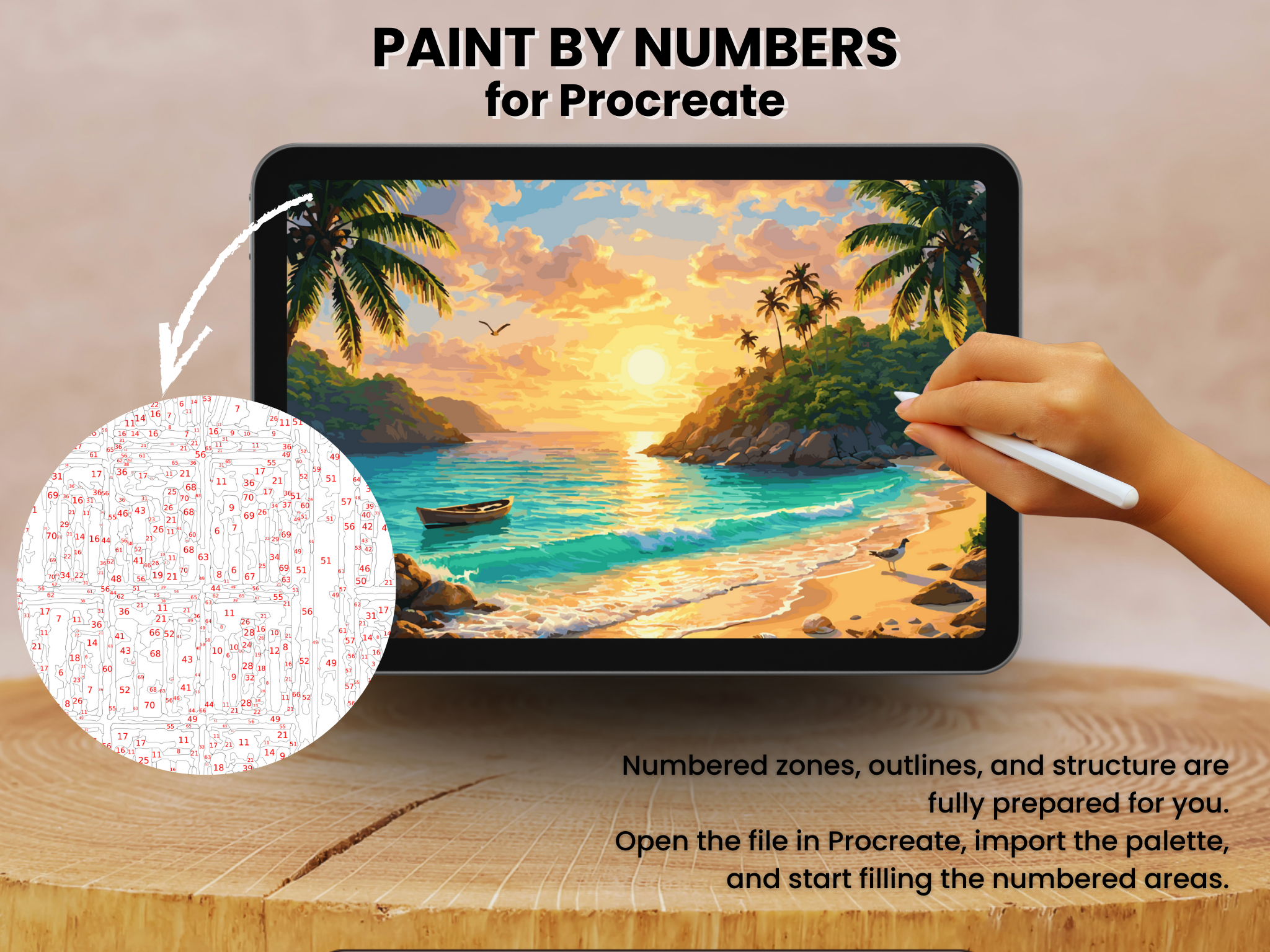 Golden Shore Cove Paint by Number for Procreate – Tropical Evening | Digital Download