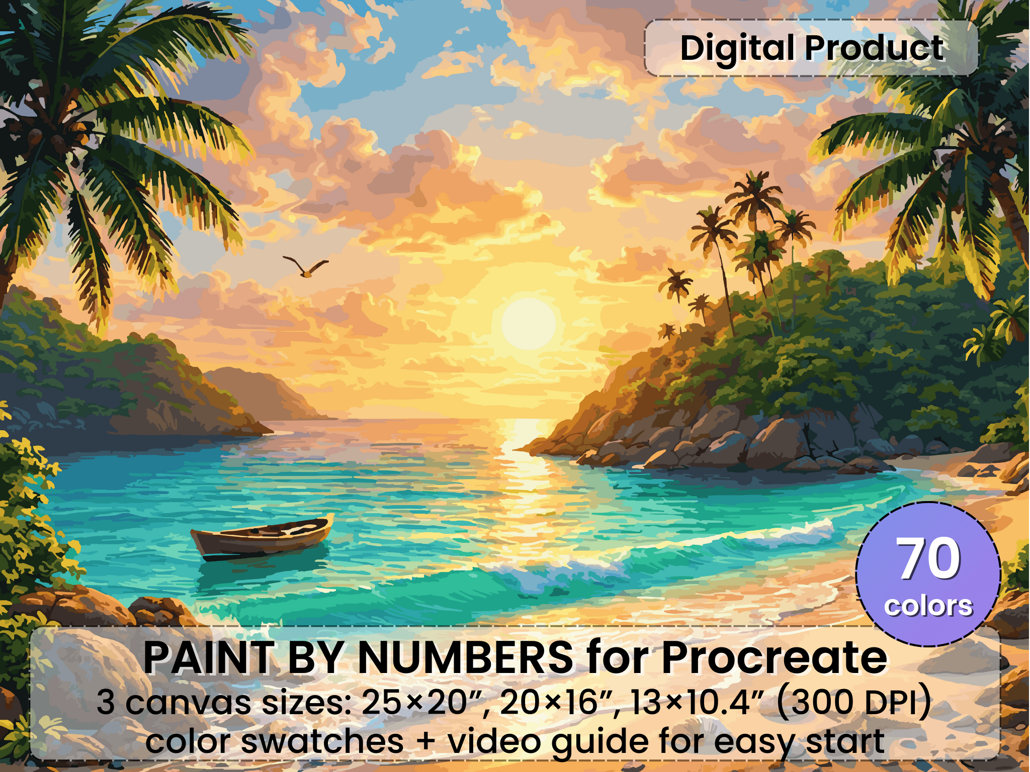 Golden Shore Cove Paint by Number for Procreate – Tropical Evening | Digital Download