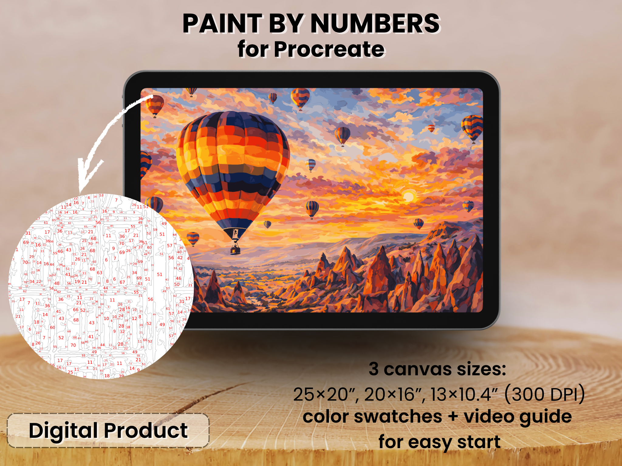 Hot Air Balloons Paint by Number for Procreate – Sunset Sky Adventure | Digital Download