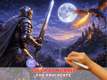 Knight vs Dragon Paint by Number for Procreate – Epic Fantasy Moon Scene | Digital Download