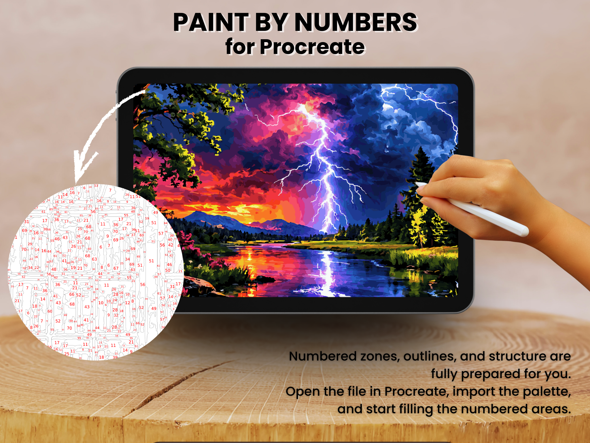 Lightning Storm Landscape Paint by Number for Procreate – Dramatic Thunder Sky Nature Art | Digital Download