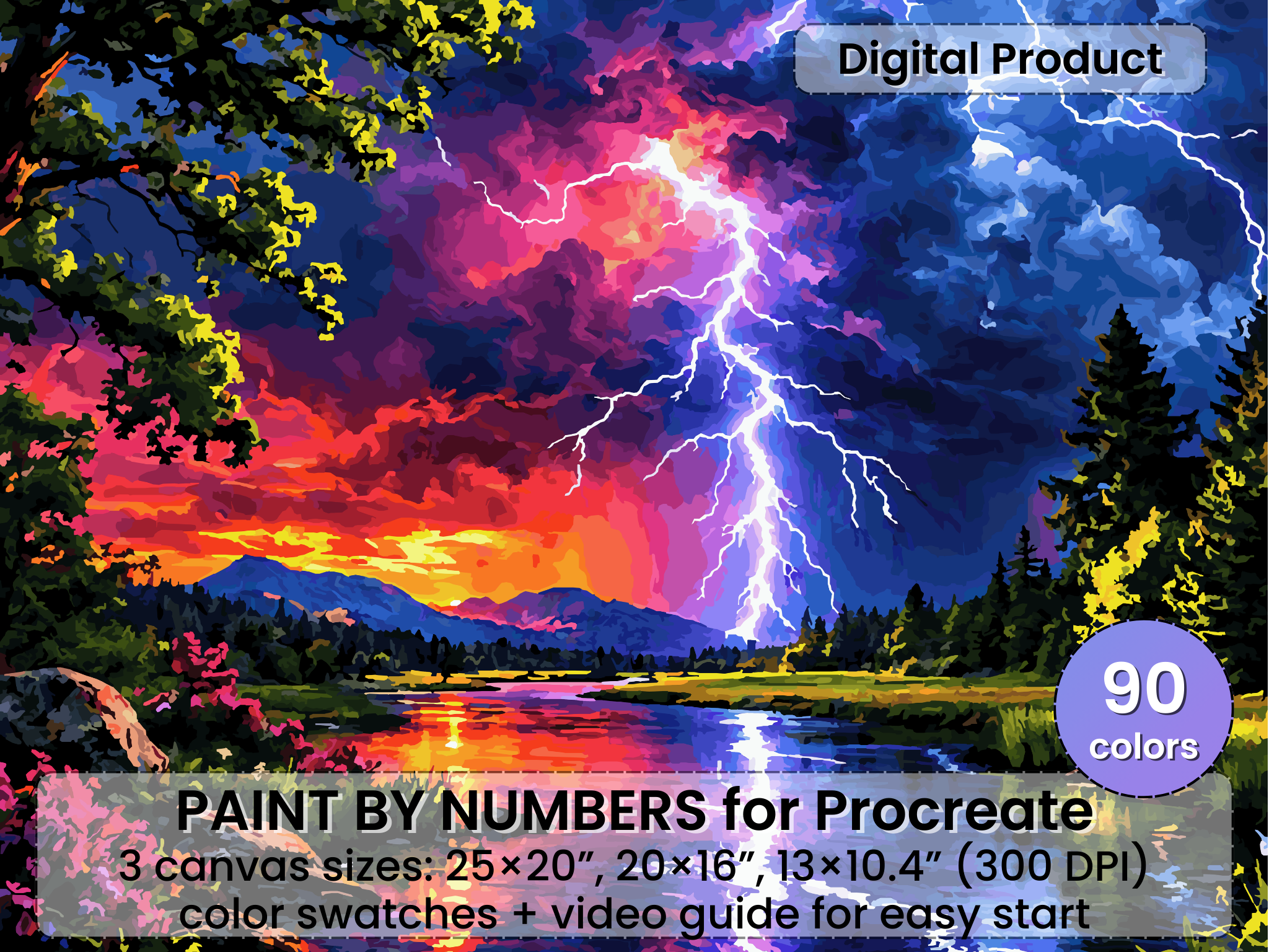 Lightning Storm Landscape Paint by Number for Procreate – Dramatic Thunder Sky Nature Art | Digital Download
