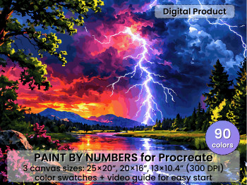 Lightning Storm Landscape Paint by Number for Procreate – Dramatic Thunder Sky Nature Art | Digital Download