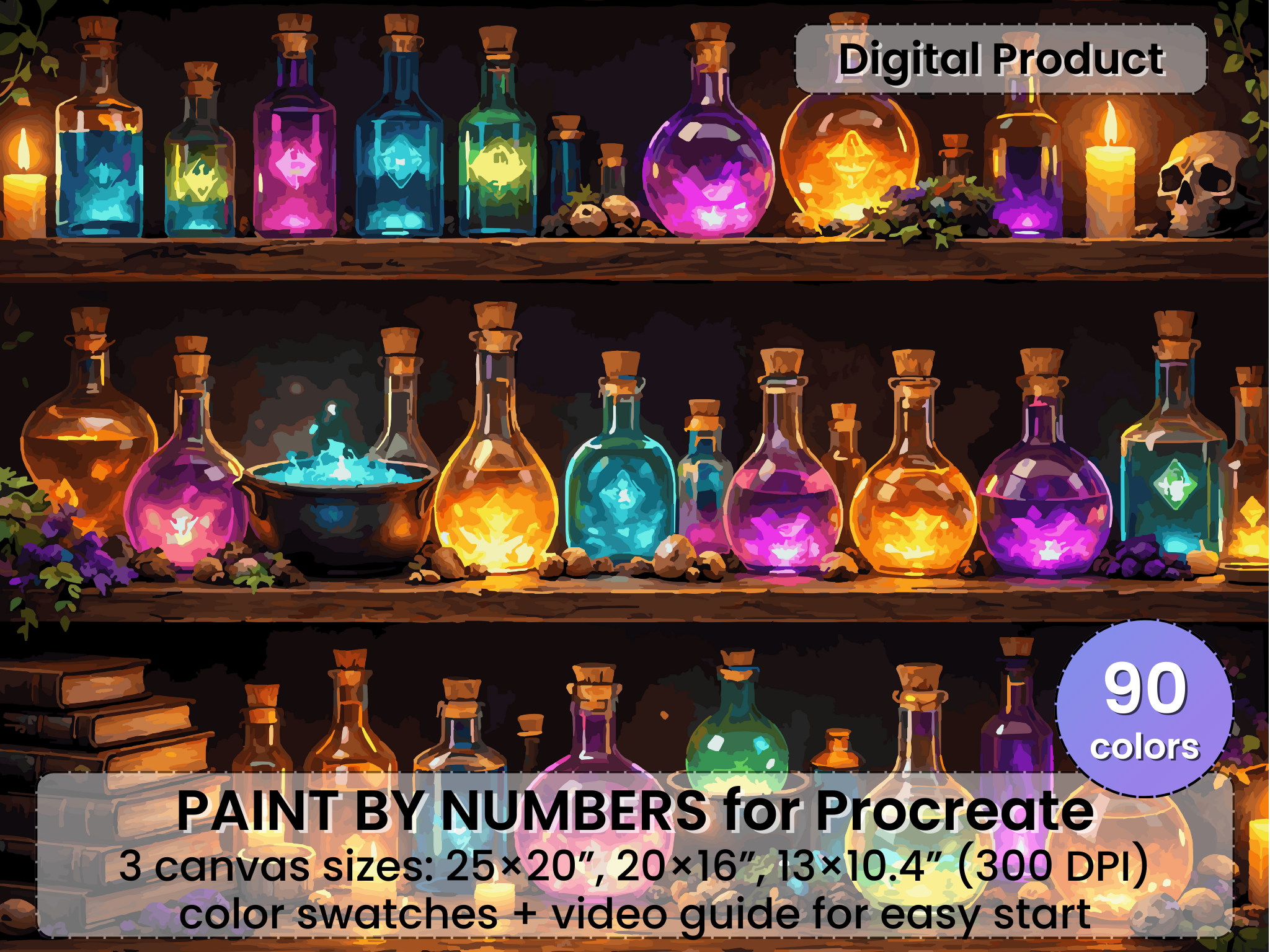Magické lektvary Malování podle čísel pro Procreate – Čarodějnická fantasy umění | Digitální ke stažení