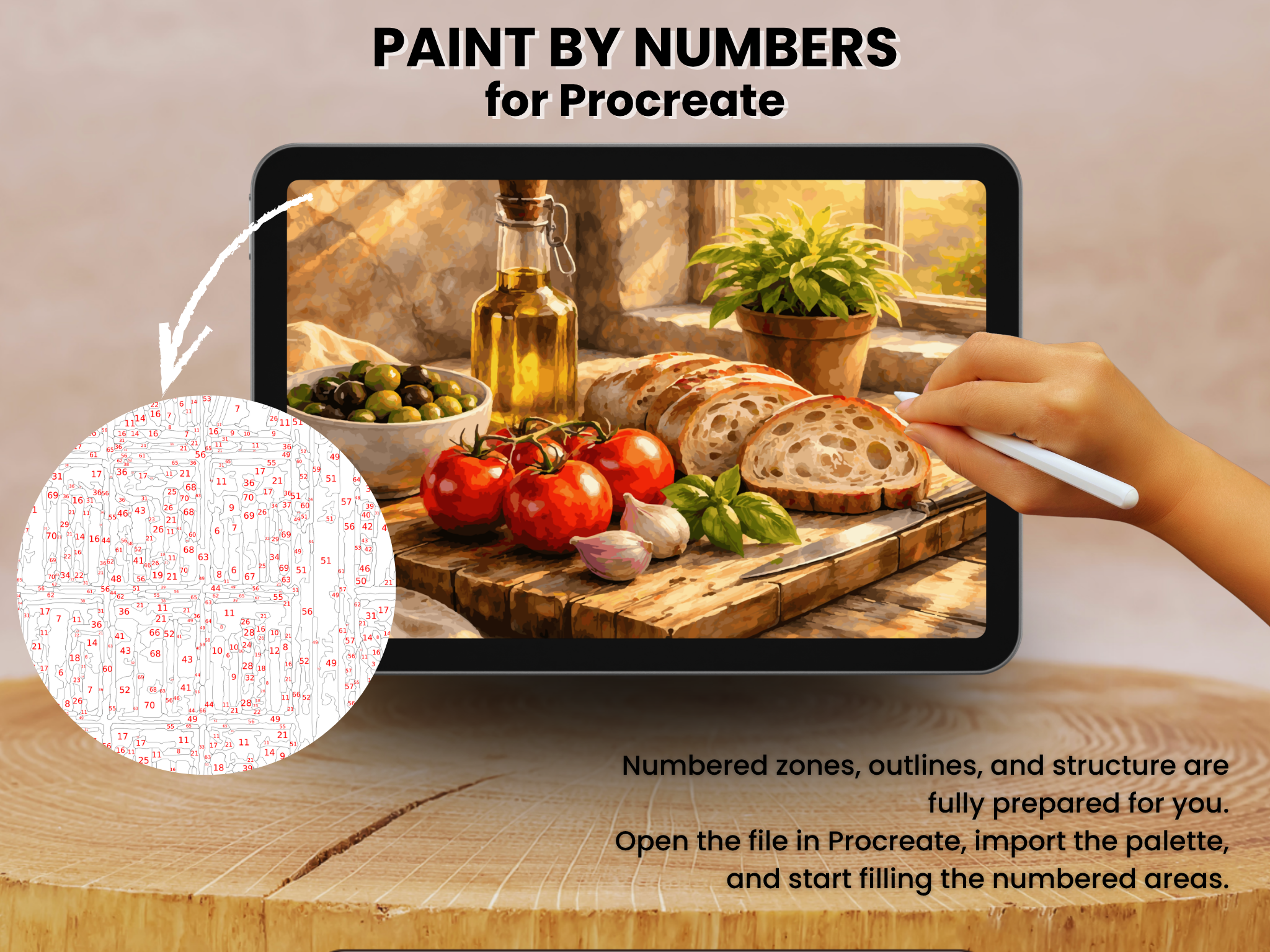 Mediterranean Kitchen Paint by Number for Procreate – Bread, Olives, Tomatoes (Digital Download)