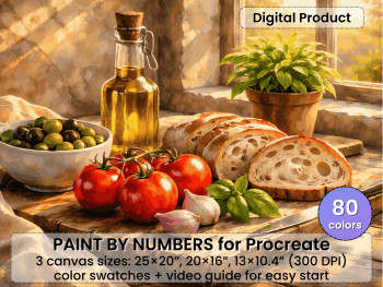 Mediterranean Kitchen Paint by Number for Procreate – Bread, Olives, Tomatoes (Digital Download)