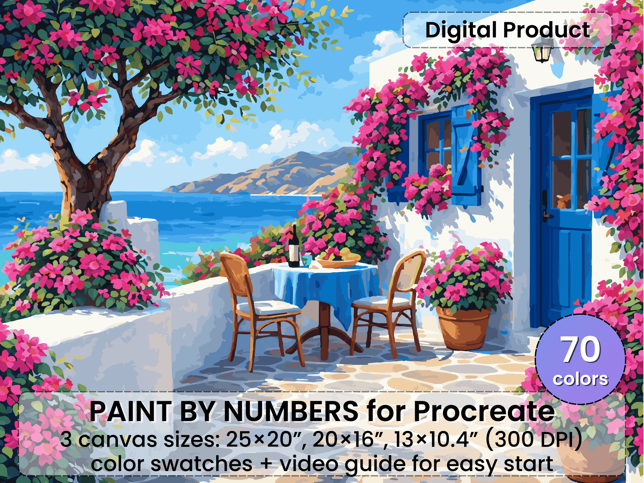 Mediterranean Terrace Dipingi per Numero, Arte Procreate per iPad (Download Digitale)