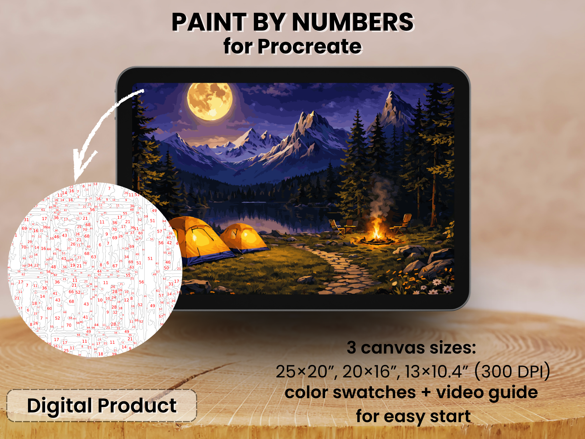 Moonlit Camping Paint by Number for Procreate, Cozy Campfire (Digital Download)