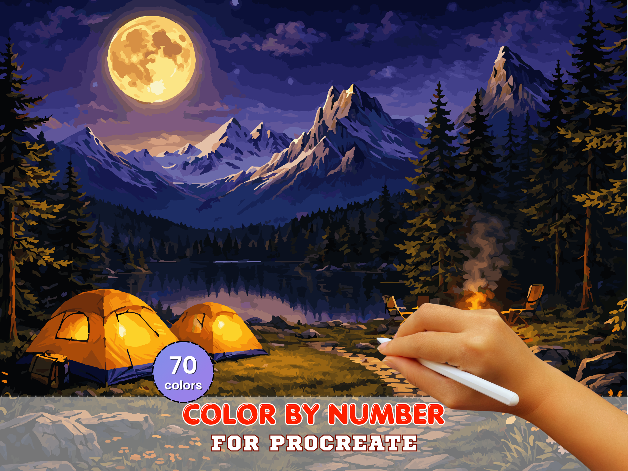 Moonlit Camping Paint by Number for Procreate, Cozy Campfire (Digital Download)