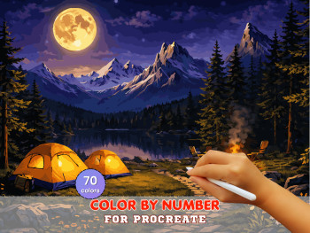 Moonlit Camping Paint by Number for Procreate, Cozy Campfire (Digital Download)