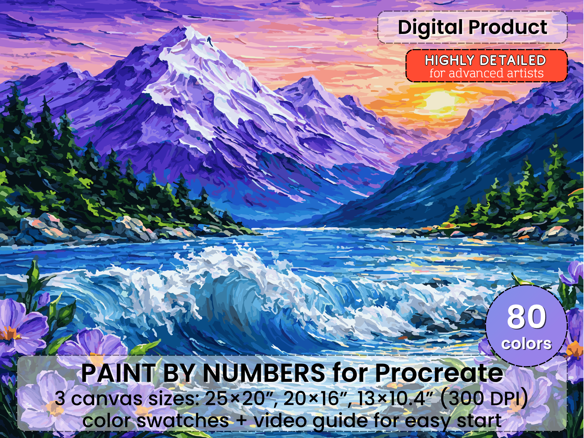 Mountain River Sunset Paint by Number for Procreate – Scenic Landscape with Flowers | Digital Download