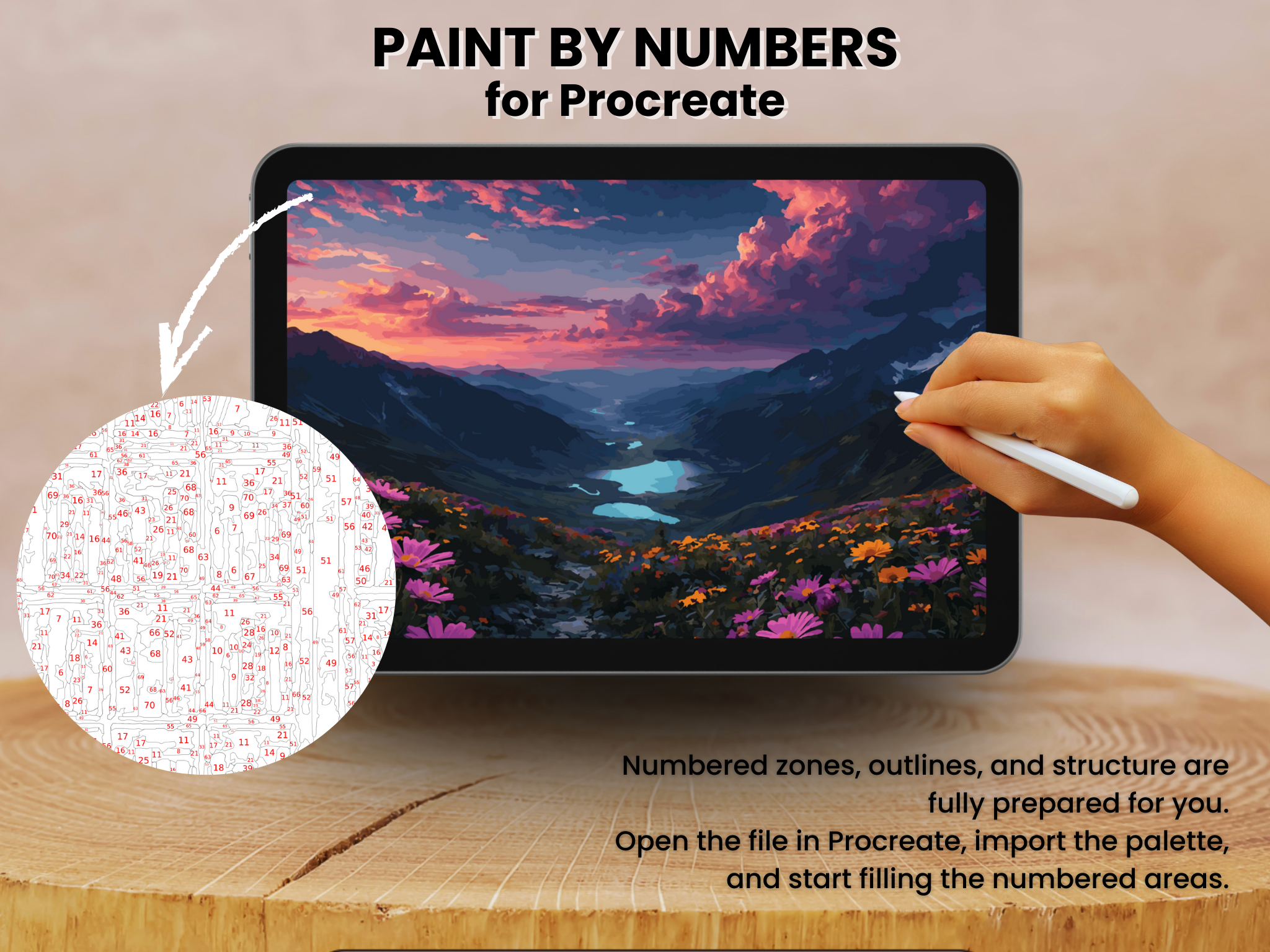 Mountain Sunset Paint by Number for Procreate, Alpine Valley Landscape (Digital Download)
