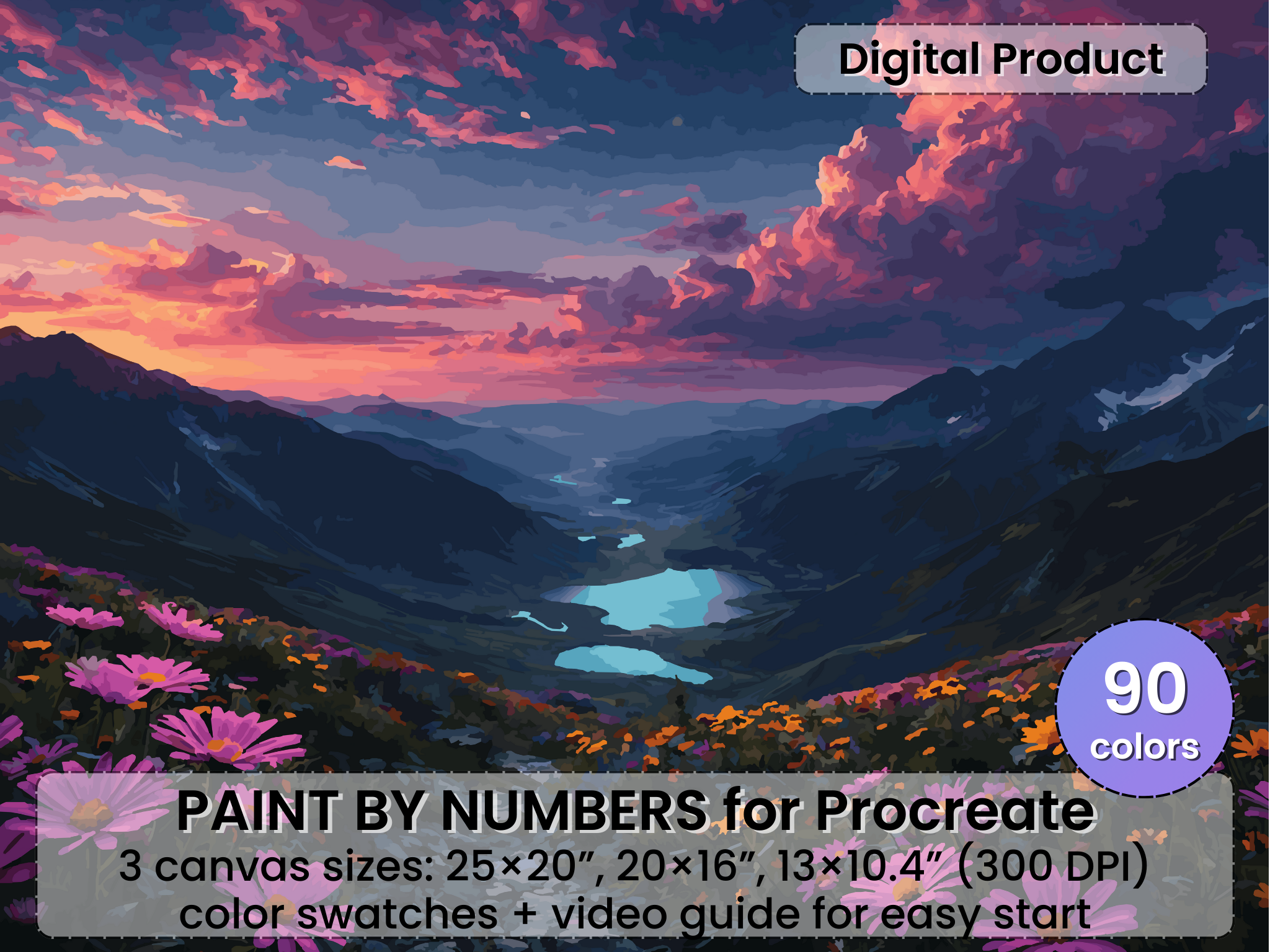 Mountain Sunset Paint by Number for Procreate, Alpine Valley Landscape (Digital Download)