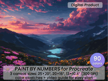 Mountain Sunset Paint by Number for Procreate, Alpine Valley Landscape (Digital Download)