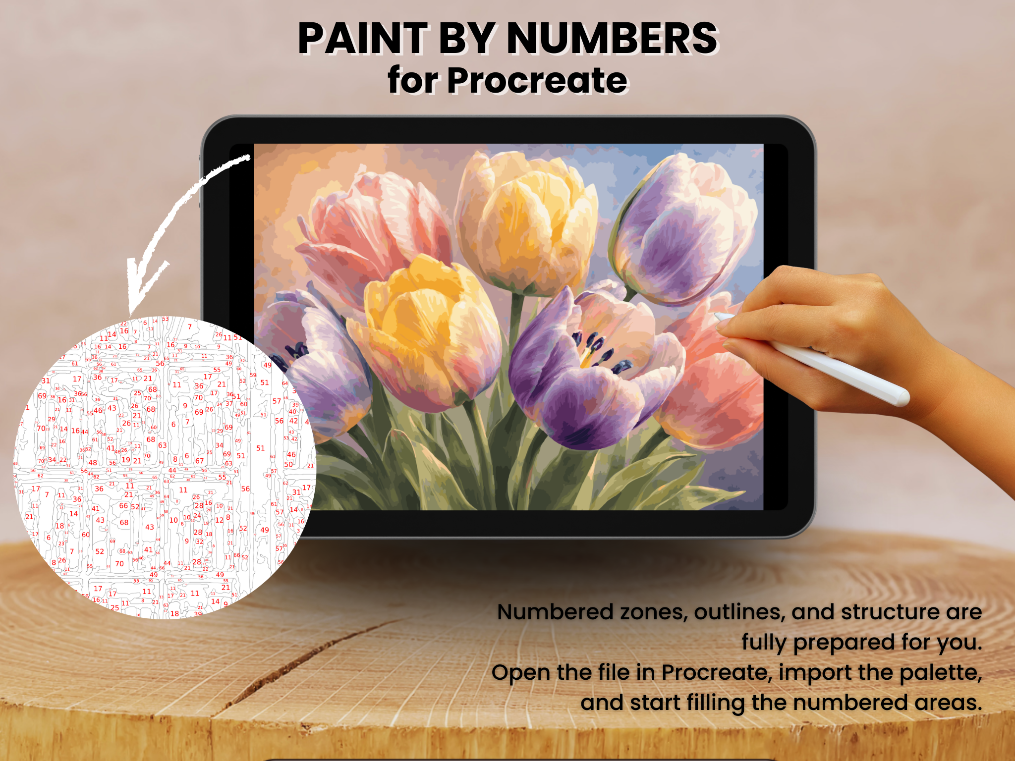 Pastel Tulips Paint by Number for Procreate – Floral Spring Art | Digital Download