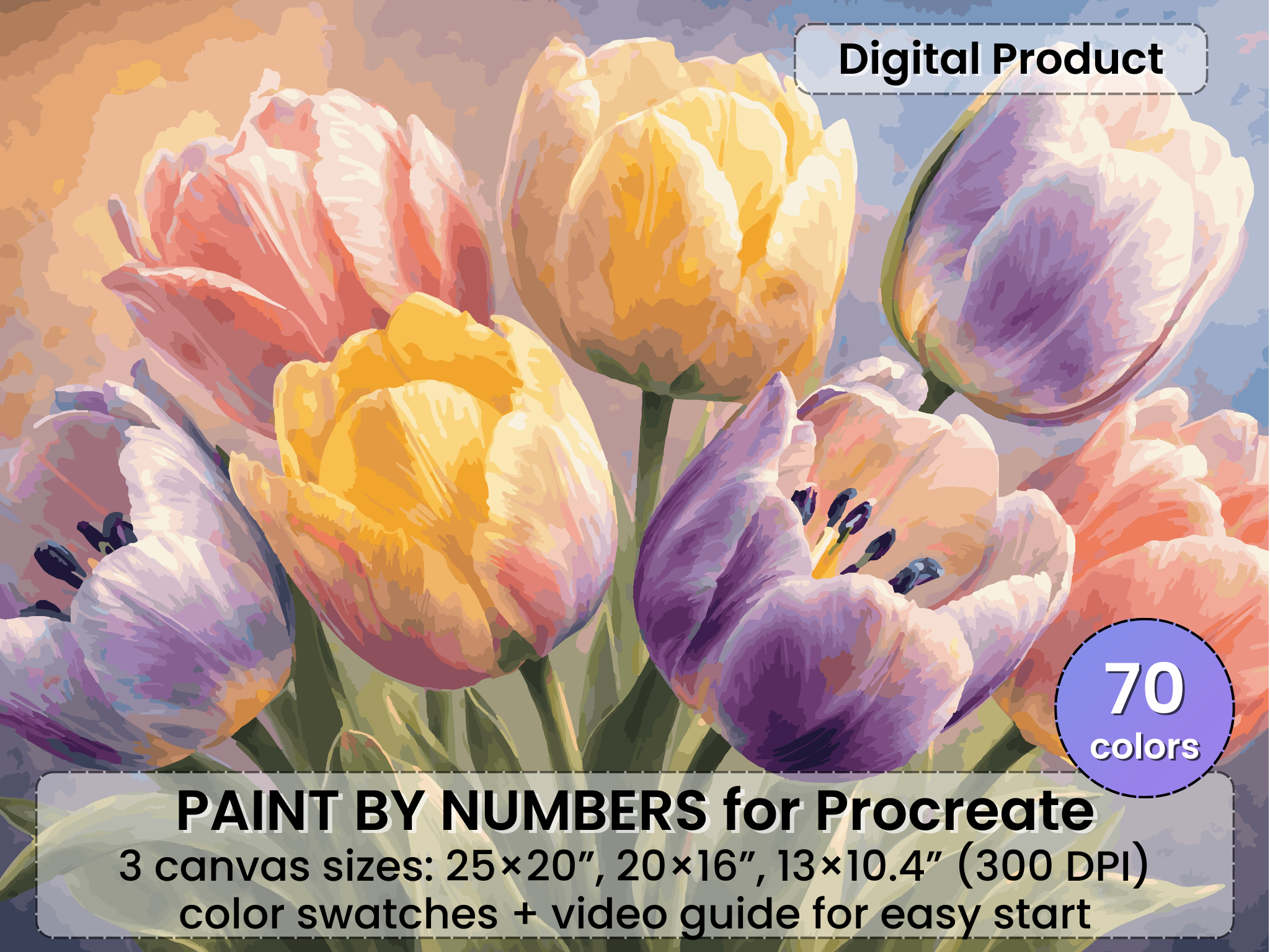 Pastel Tulips Paint by Number for Procreate – Floral Spring Art | Digital Download