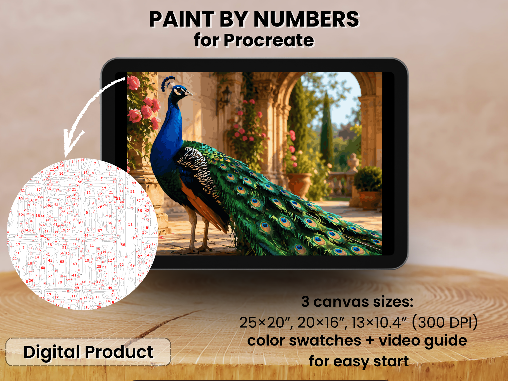 Pfau Garten Malen nach Zahlen für Procreate – Eleganter Palasthof Vogel | Digitaler Download