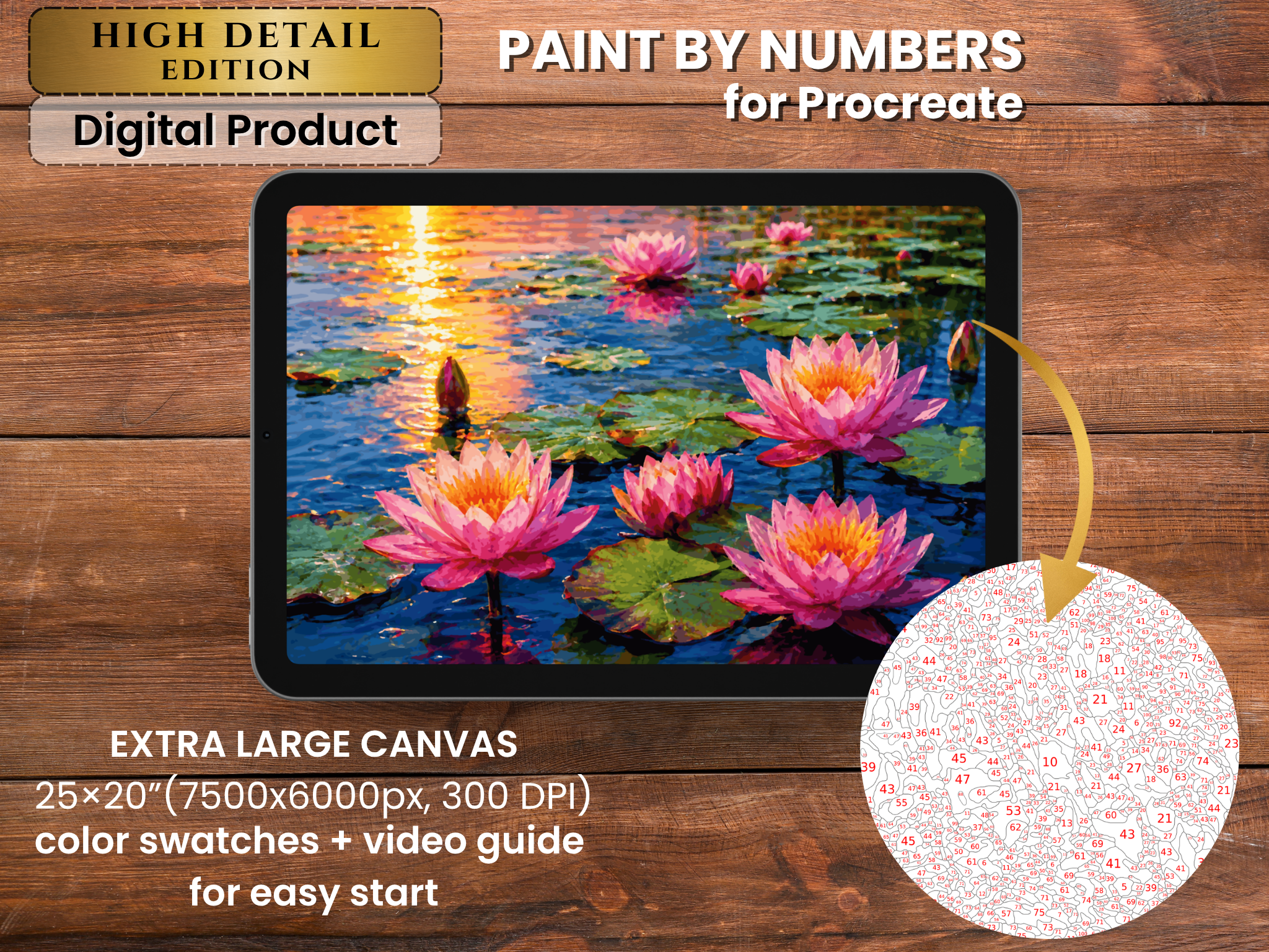 Pink Water Lilies Paint by Number for Procreate – Sunset Lotus Pond Reflection | Digital Download