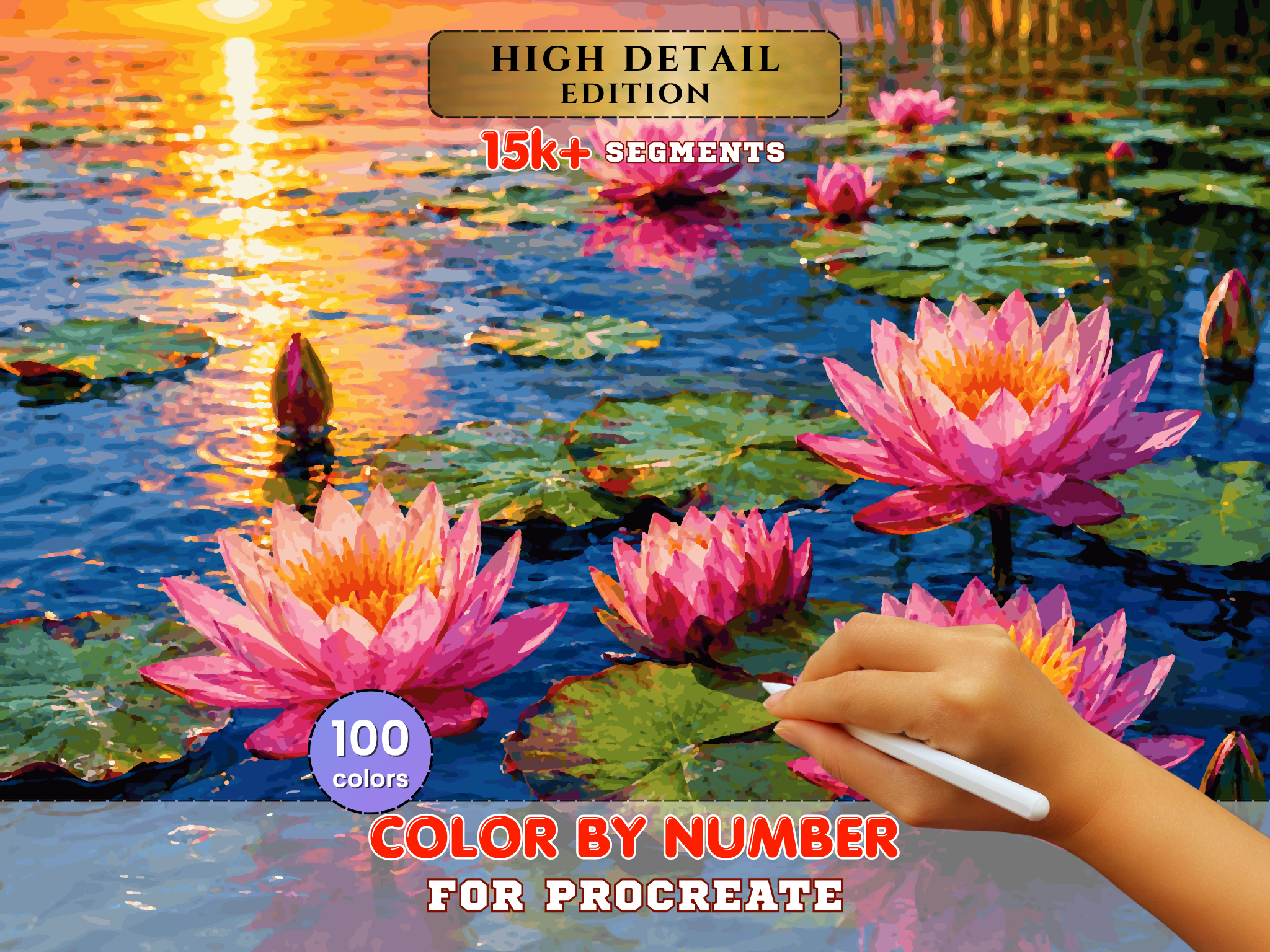 Pink Water Lilies Paint by Number for Procreate – Sunset Lotus Pond Reflection | Digital Download