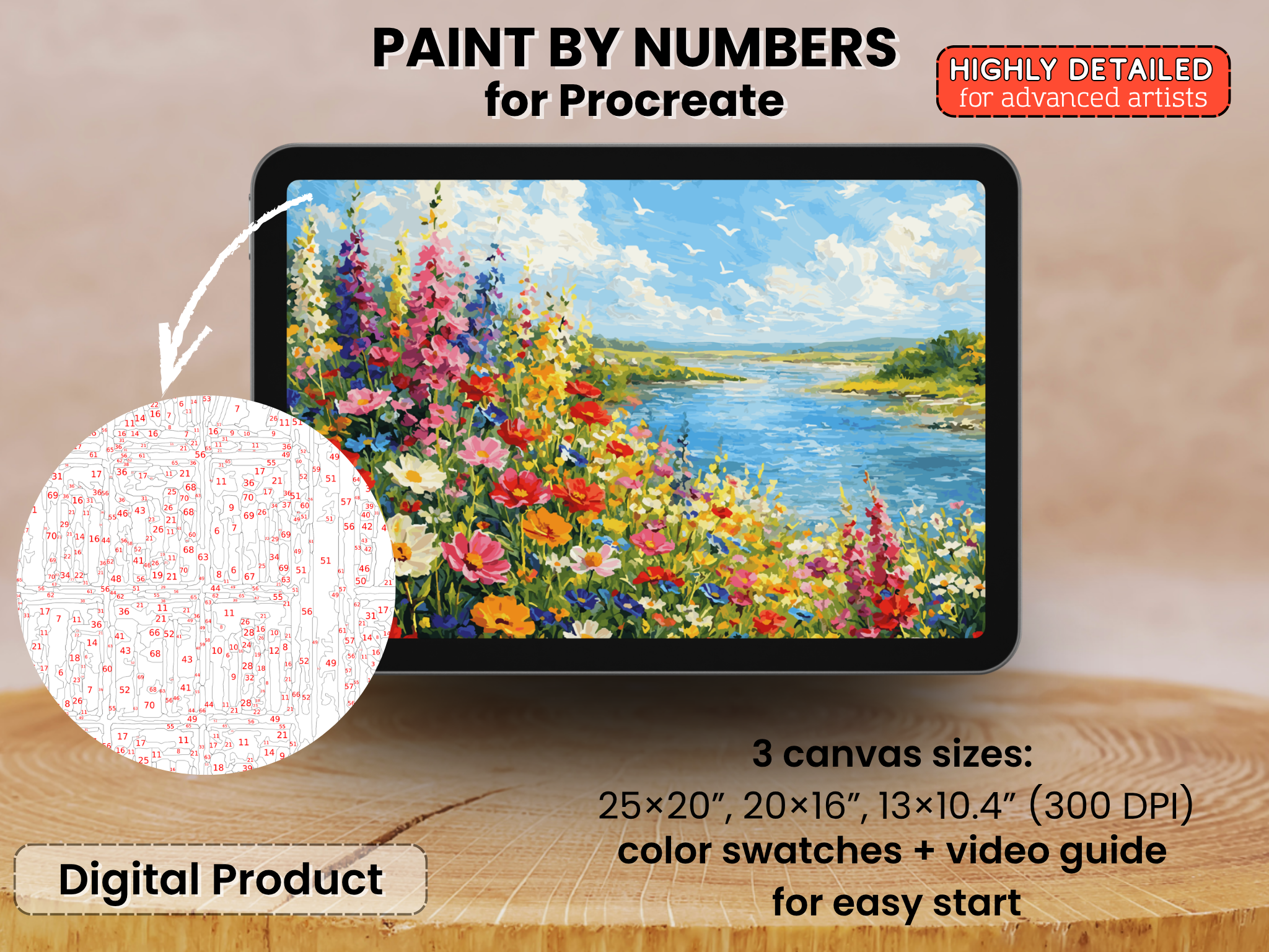 Peindre par Numéros avec Procreate – Champ de Fleurs Coloré, Paysage de Rivière (Téléchargement Numérique)